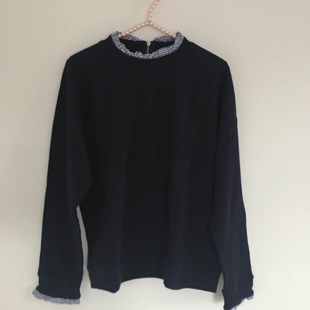{J Crew} Navy Sweatshirt with pinstripe XL